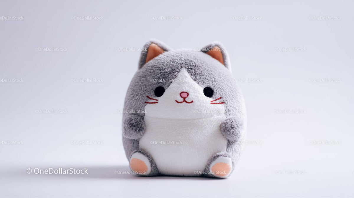 Gray and white plush cat toy with pink ears and paws on a light background