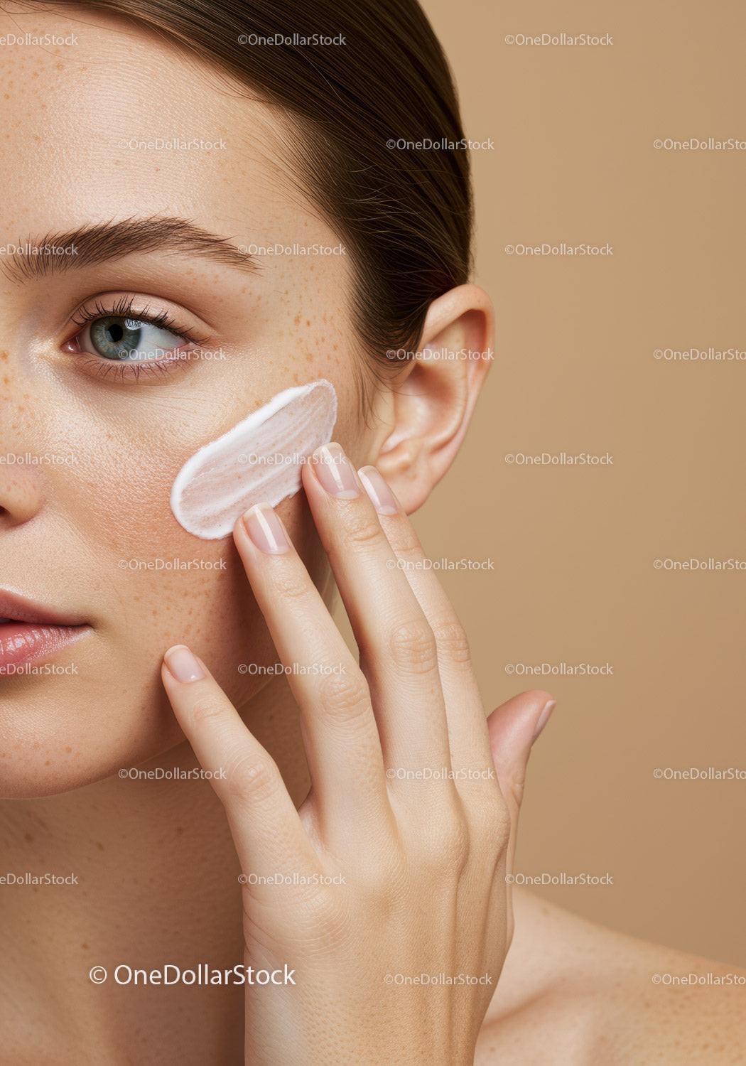 Close-Up of a Woman Applying Skincare Cream on Her Face for Healthy Skin