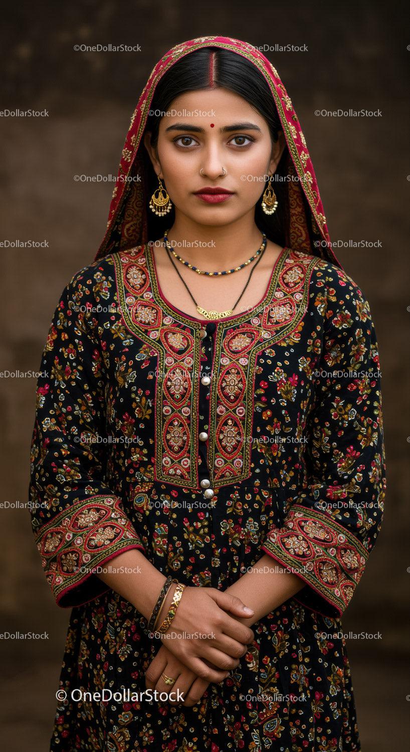 Elegant Woman in Traditional Indian Embroidered Dress and Jewelry