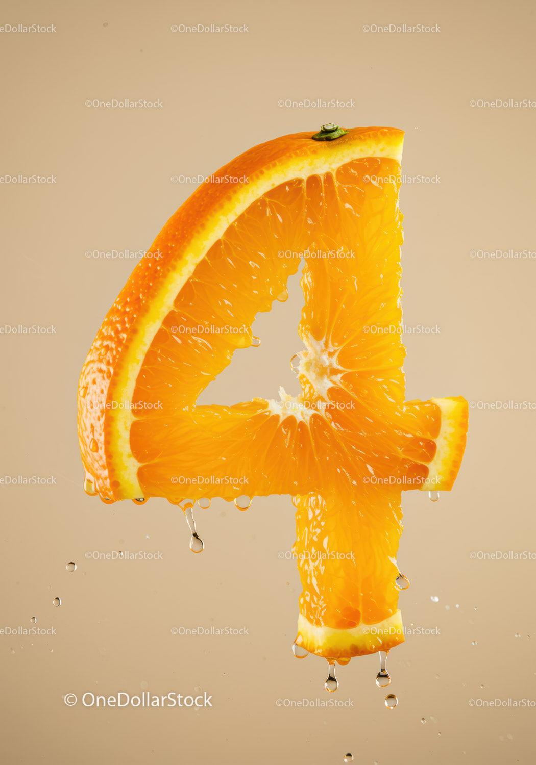 Fresh Orange Slice Shaped Like Number Four With Dripping Juice