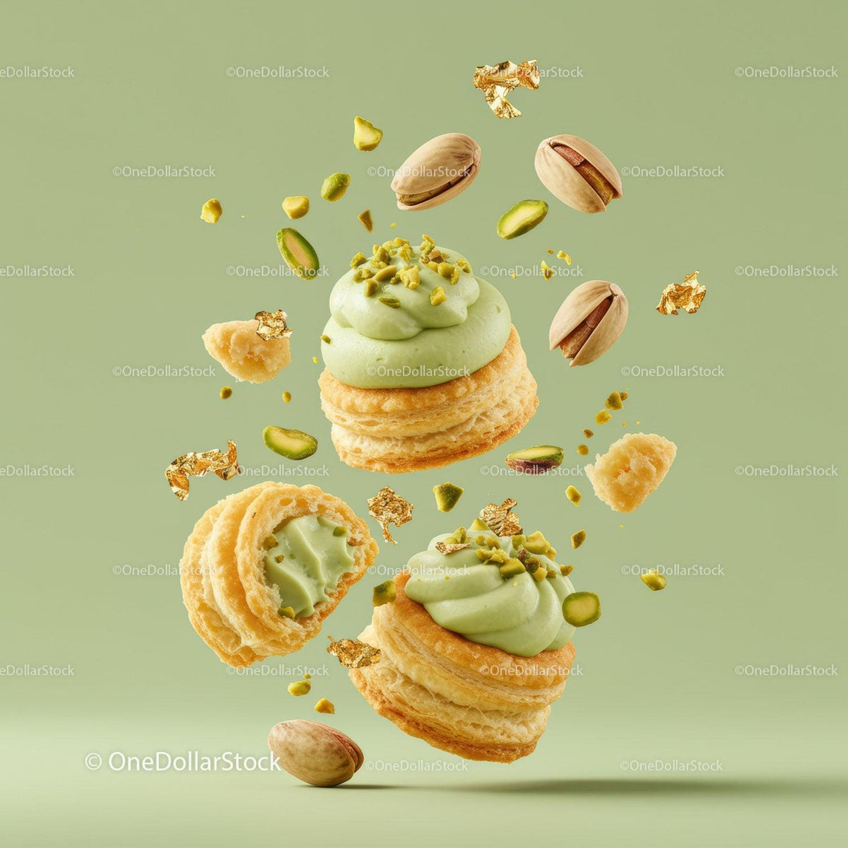 Pistachio Cream Puff Pastries with Gold Leaf Decoration