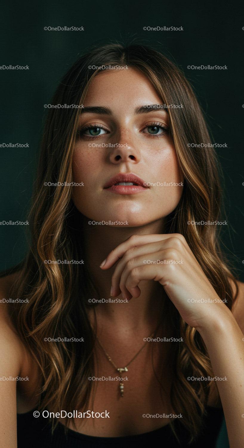 Pensive young woman with natural makeup and wavy hair
