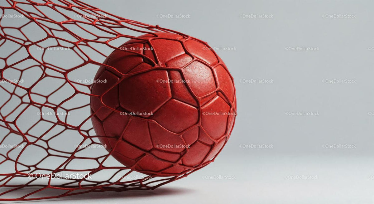 Red Soccer Ball in Net with Gray Background