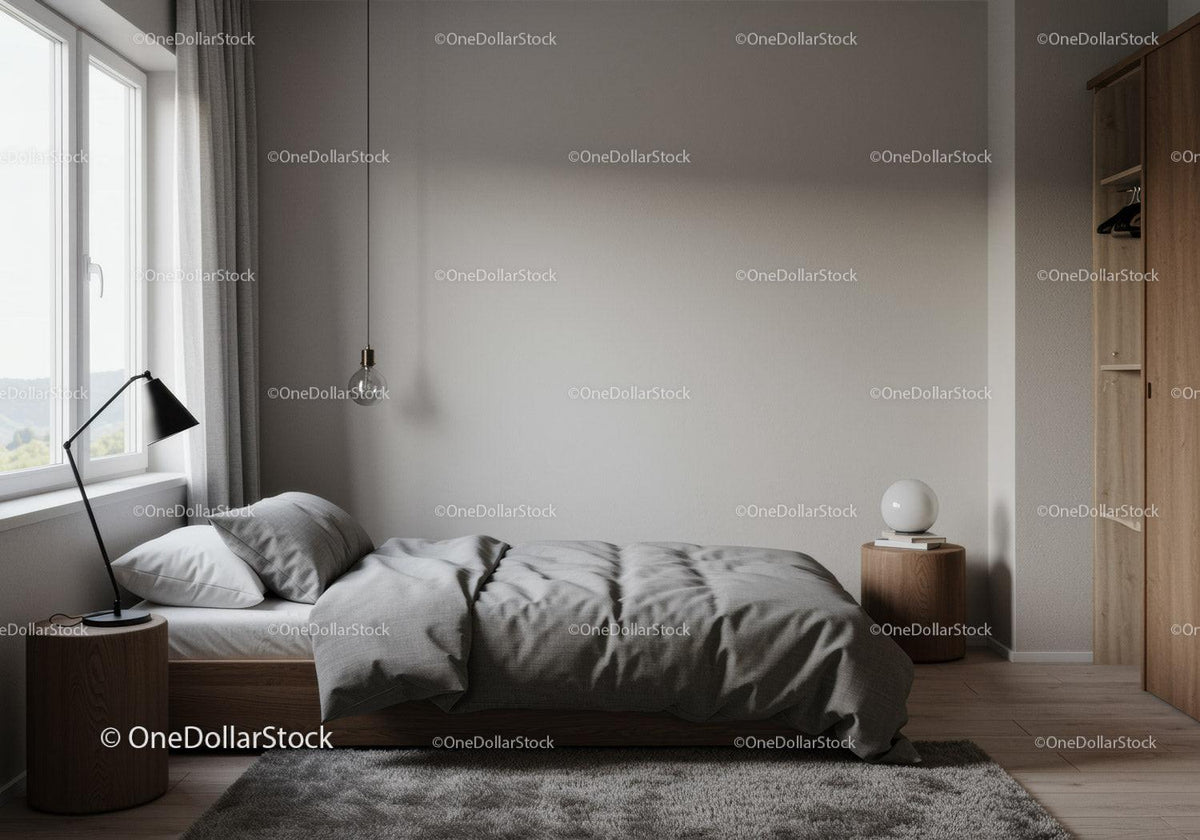 Modern Bedroom Interior with Gray Bedding and Wooden Furniture