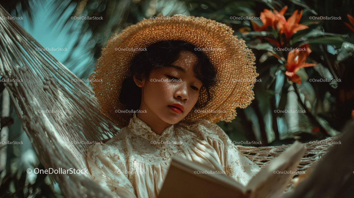 Woman Relaxing in Tropical Garden with Straw Hat and Book