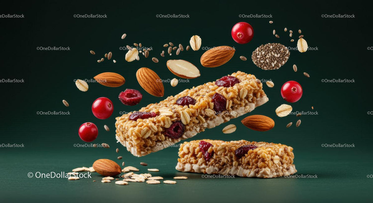 Healthy granola bars with nuts and red berries floating