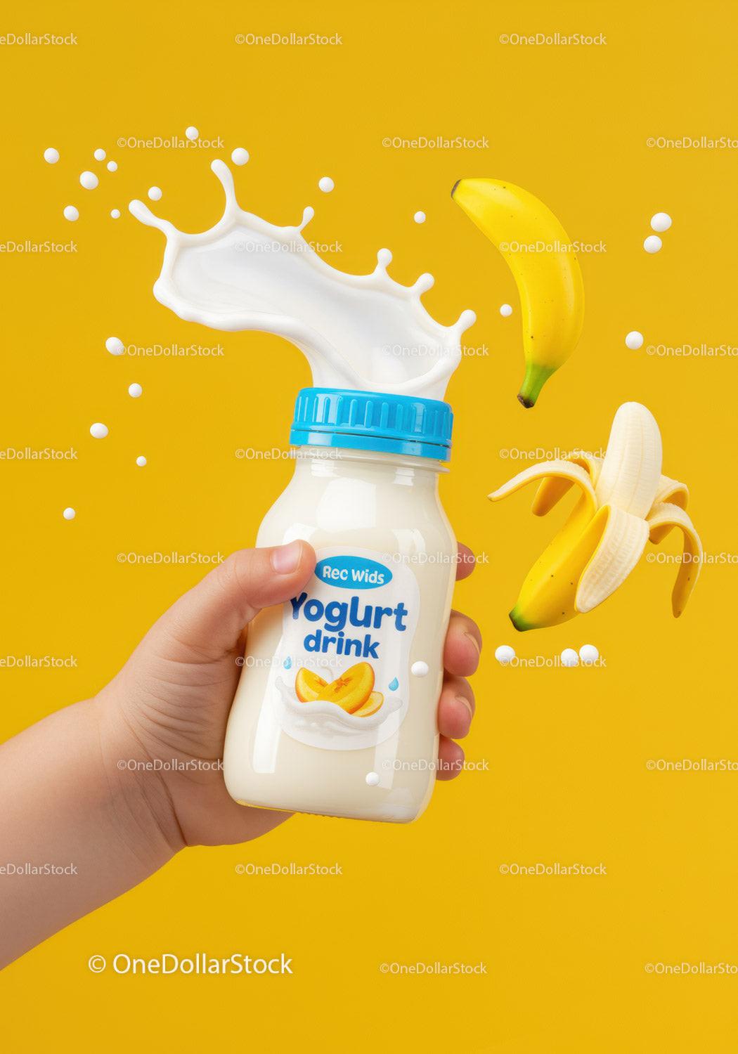 Child Holding Yogurt Drink with Fresh Bananas Splash
