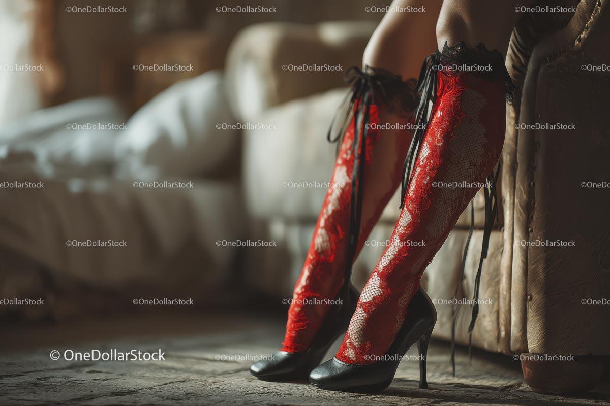 Chic Black Heels and a Red Lace Dress in a Cozy Bedroom Setting Stock Photo Bundle preview 46
