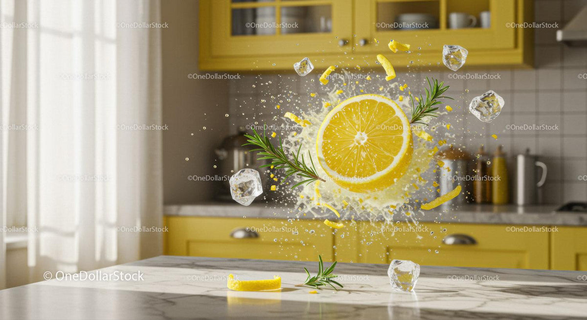 Fresh lemon splash with ice and herbs in bright kitchen