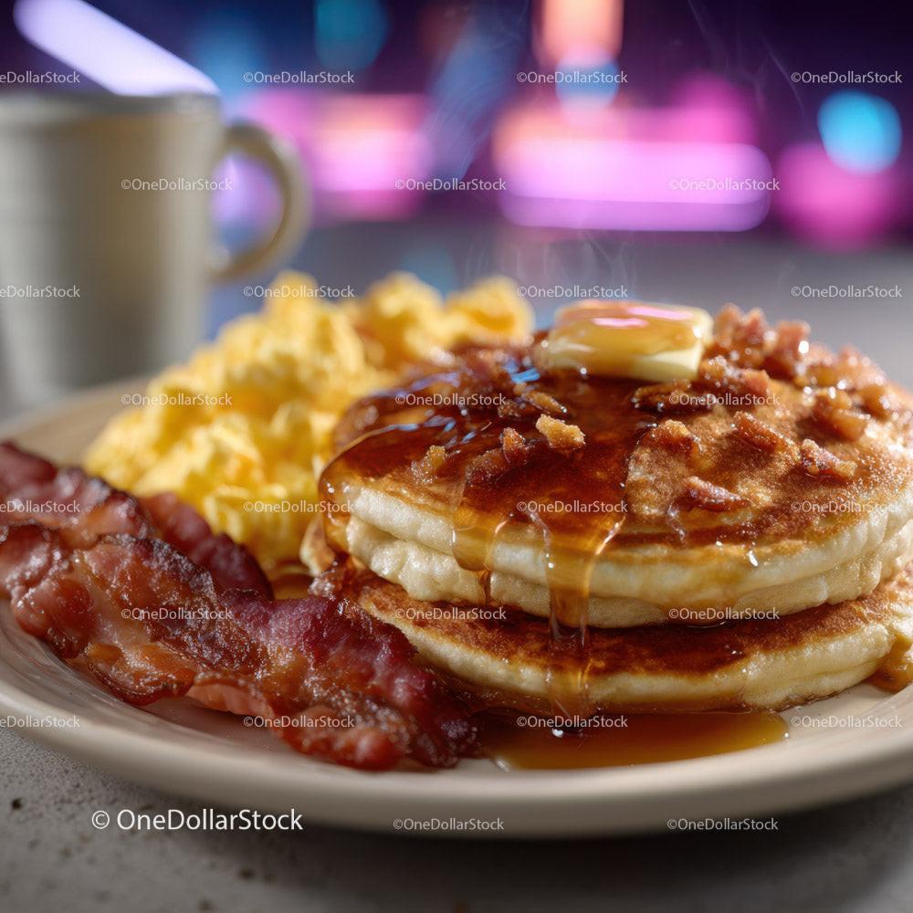 Stack of Fluffy Pancakes with Syrup Bacon and Eggs for Breakfast
