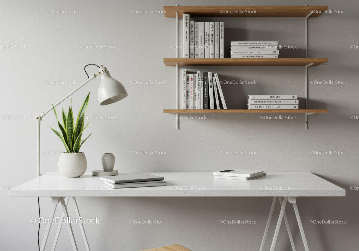 Modern Minimalist Office Desk with Houseplant and Wooden Shelves