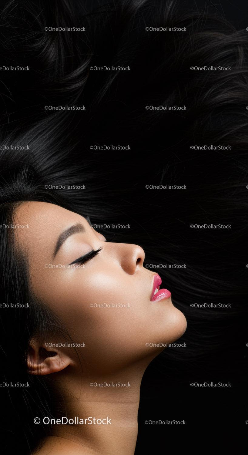 Profile of serene woman with long flowing hair