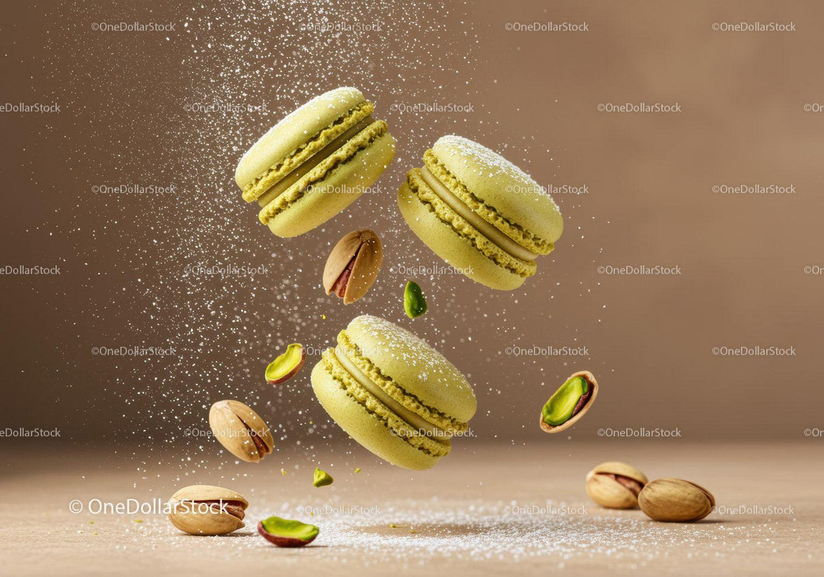 Floating pistachio macarons with powdered sugar dust