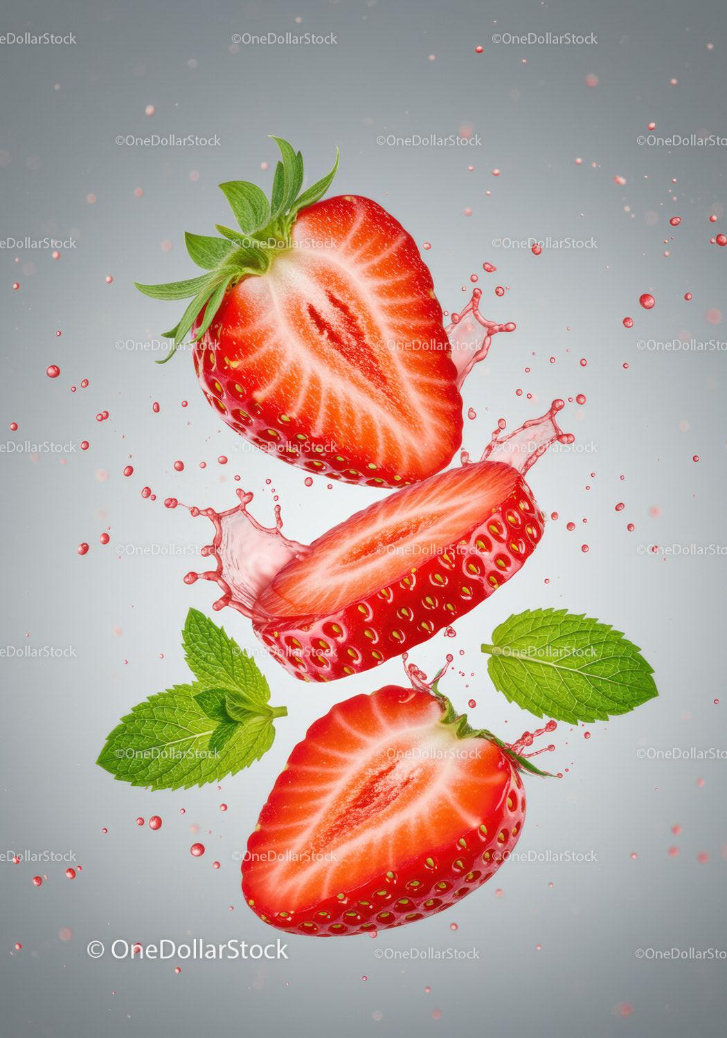Fresh sliced strawberries with mint leaves and splash