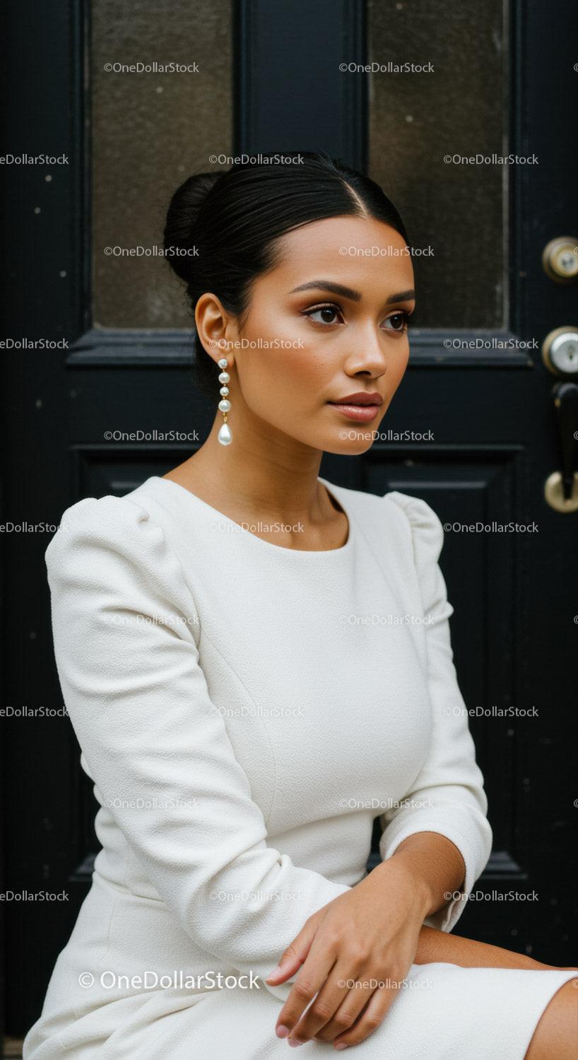 Elegant young woman wearing pearl earrings and white dress