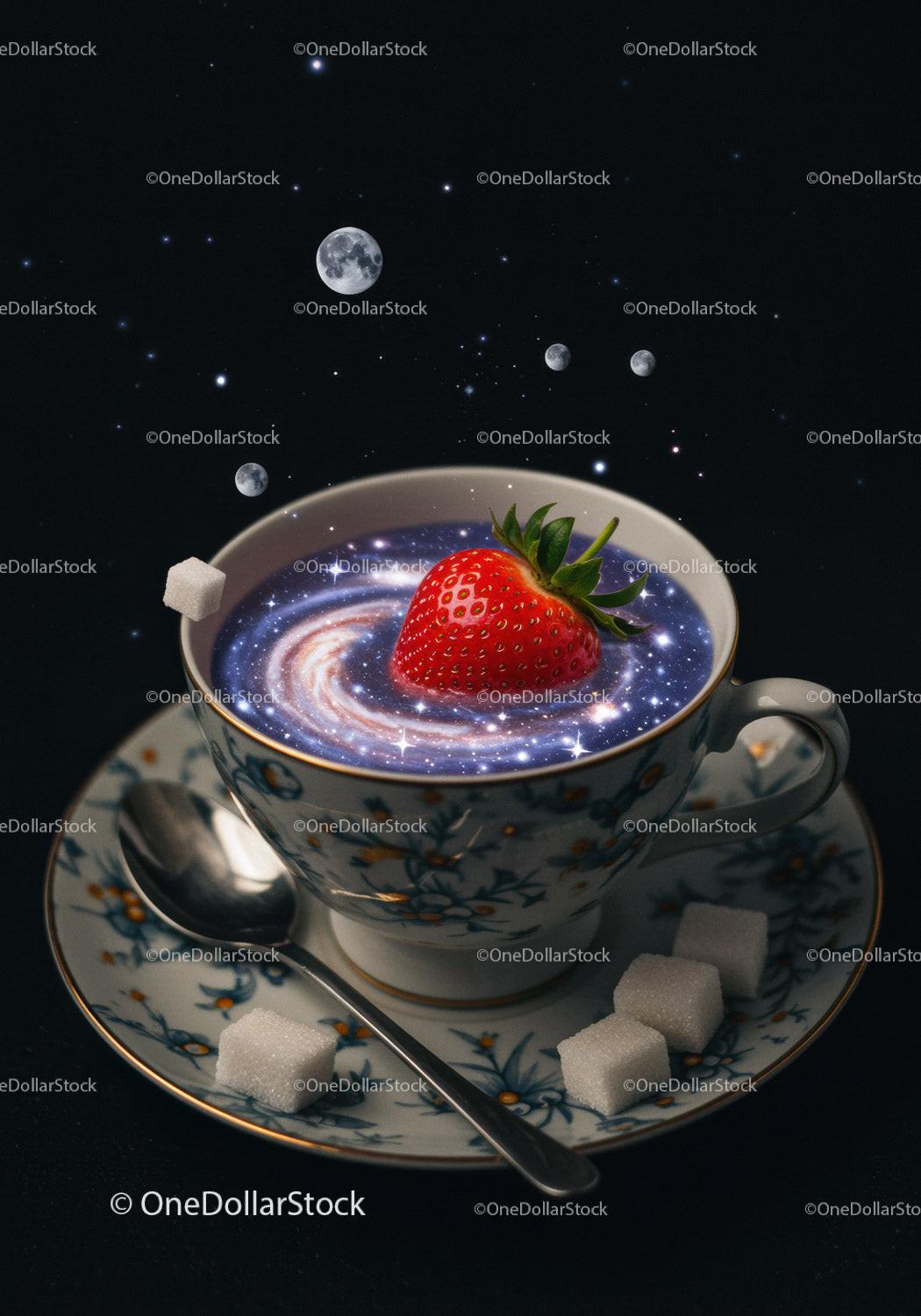 Strawberry Floating in Cosmic Galaxy Tea Cup