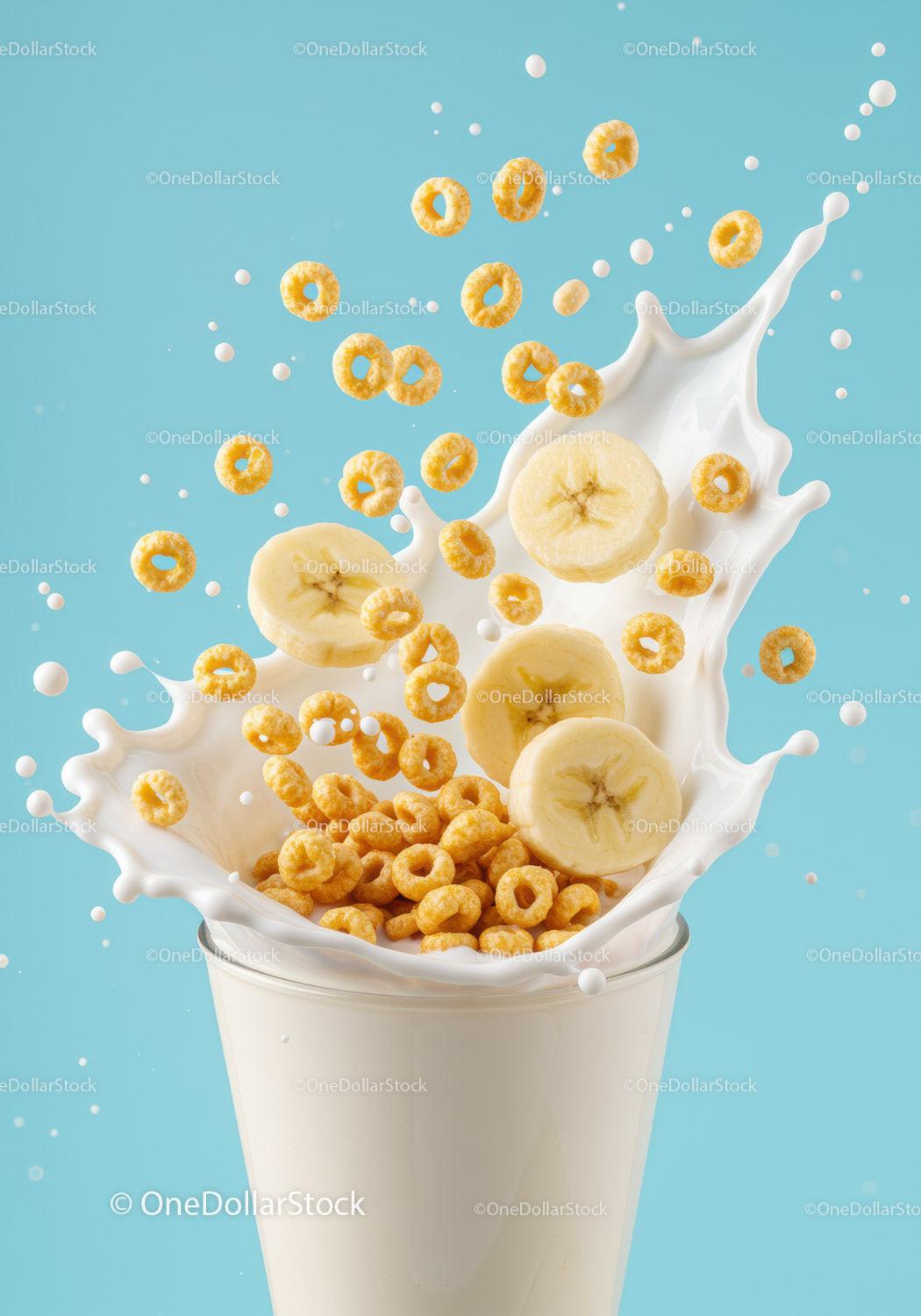 Splash of Milk with Cereal and Fresh Banana Slices JPG Mockup Image preview