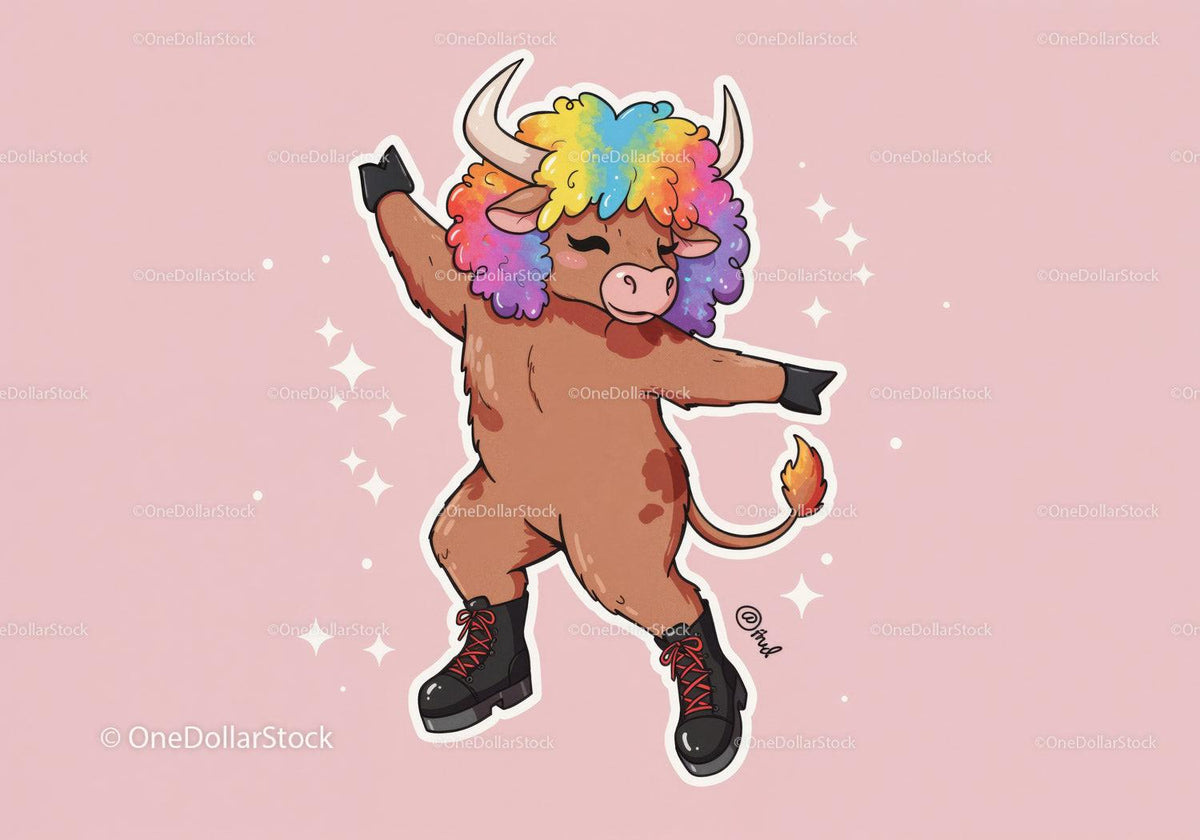 Colorful Cartoon Bull with Rainbow Hair in Funky Streetwear Stock Photo Bundle creative preview 4