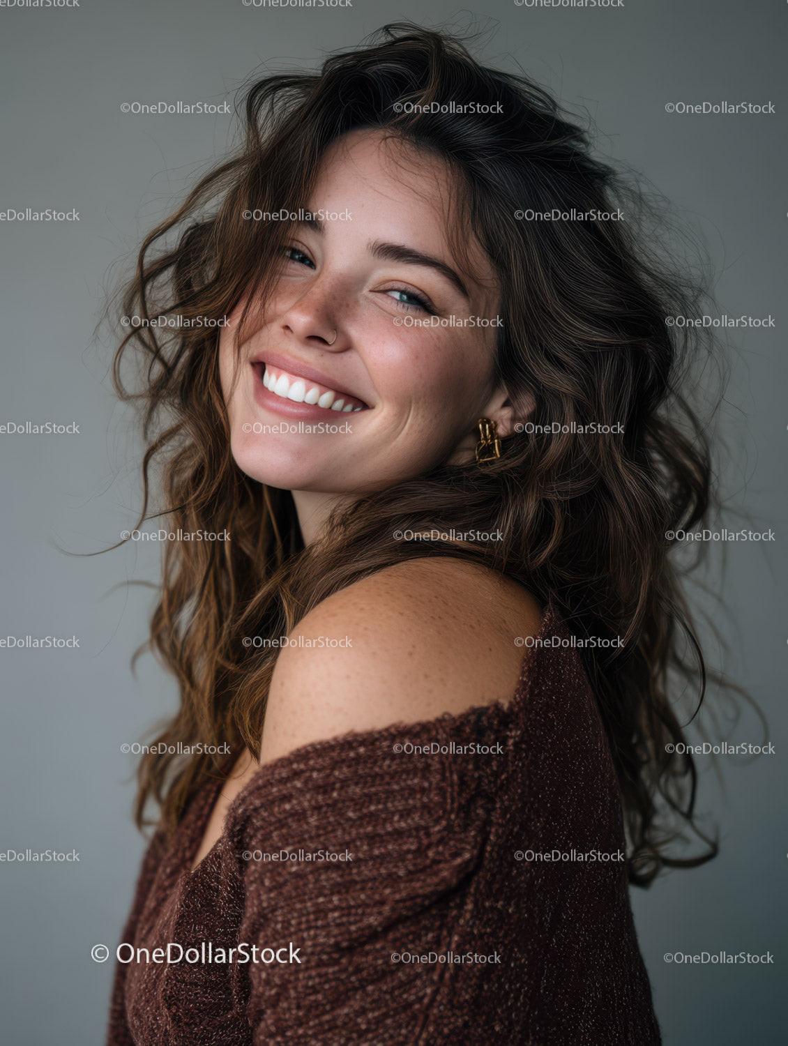 Joyful Young Woman with Curly Hair Smiling in Studio Portrait