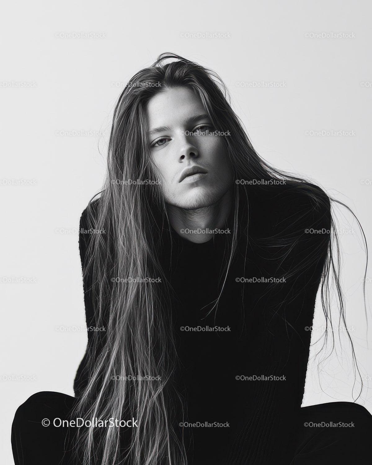 Stunning Black and White Portrait of a Young Woman with Long Hair
