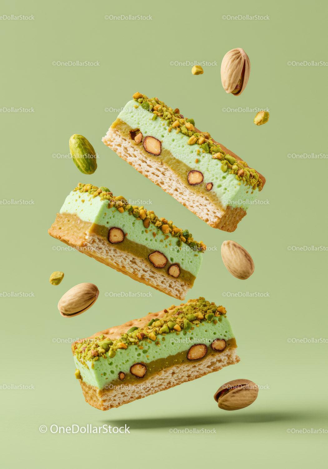 Green pistachio dessert bars with crunchy nuts on green
