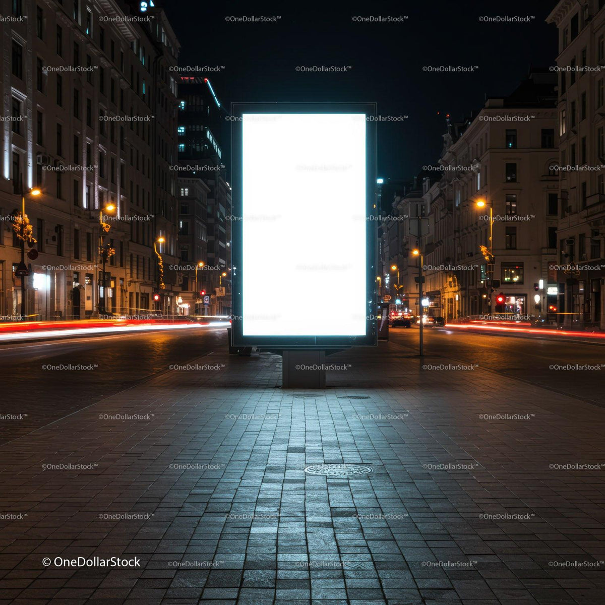 Illuminated blank billboard in city street at night JPG Mockup Image preview