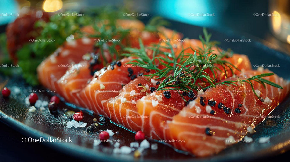 Fresh Sliced Smoked Salmon with Herbs and Sea Salt on Black Plate Stock Photo Bundle preview 32