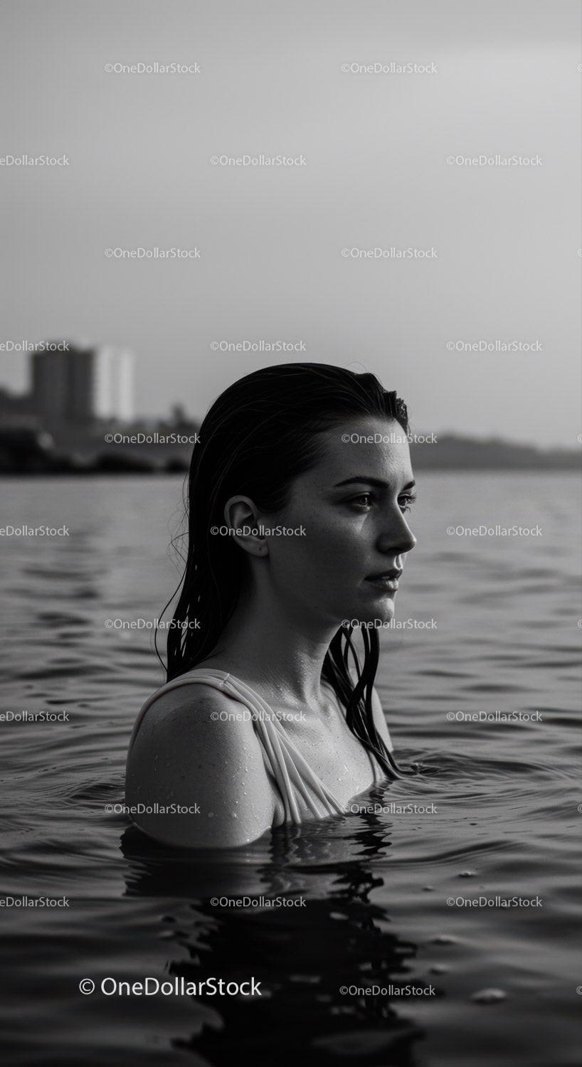 Serene Female Portrait in Water with Urban Background Stock Photo Bundle preview 8