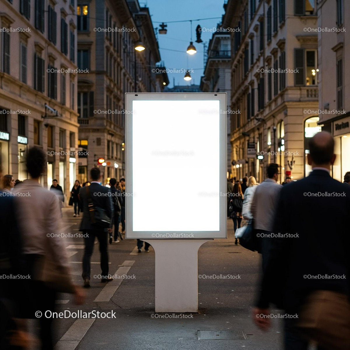 Urban street with illuminated blank advertising billboard at dusk JPG Mockup Image preview