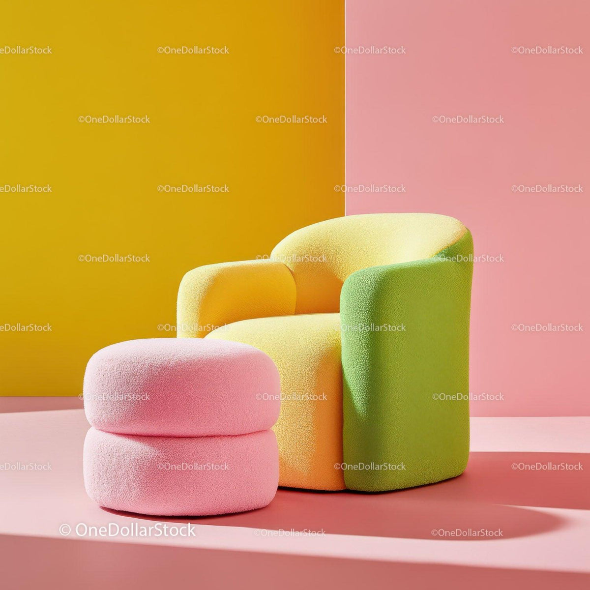 Bright Pink Armchair with Lime Green Cushion and Yellow Ottoman in Modern Living Room 15 JPG Files digital asset preview