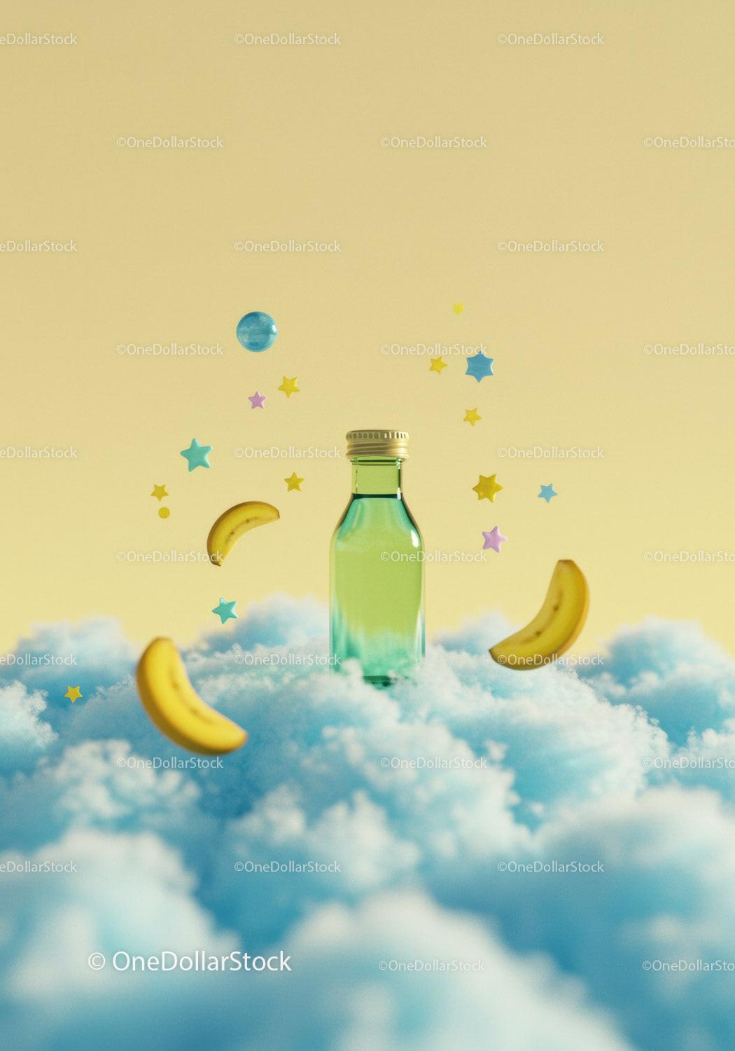 Green glass bottle floating on fluffy blue clouds JPG Mockup Image preview