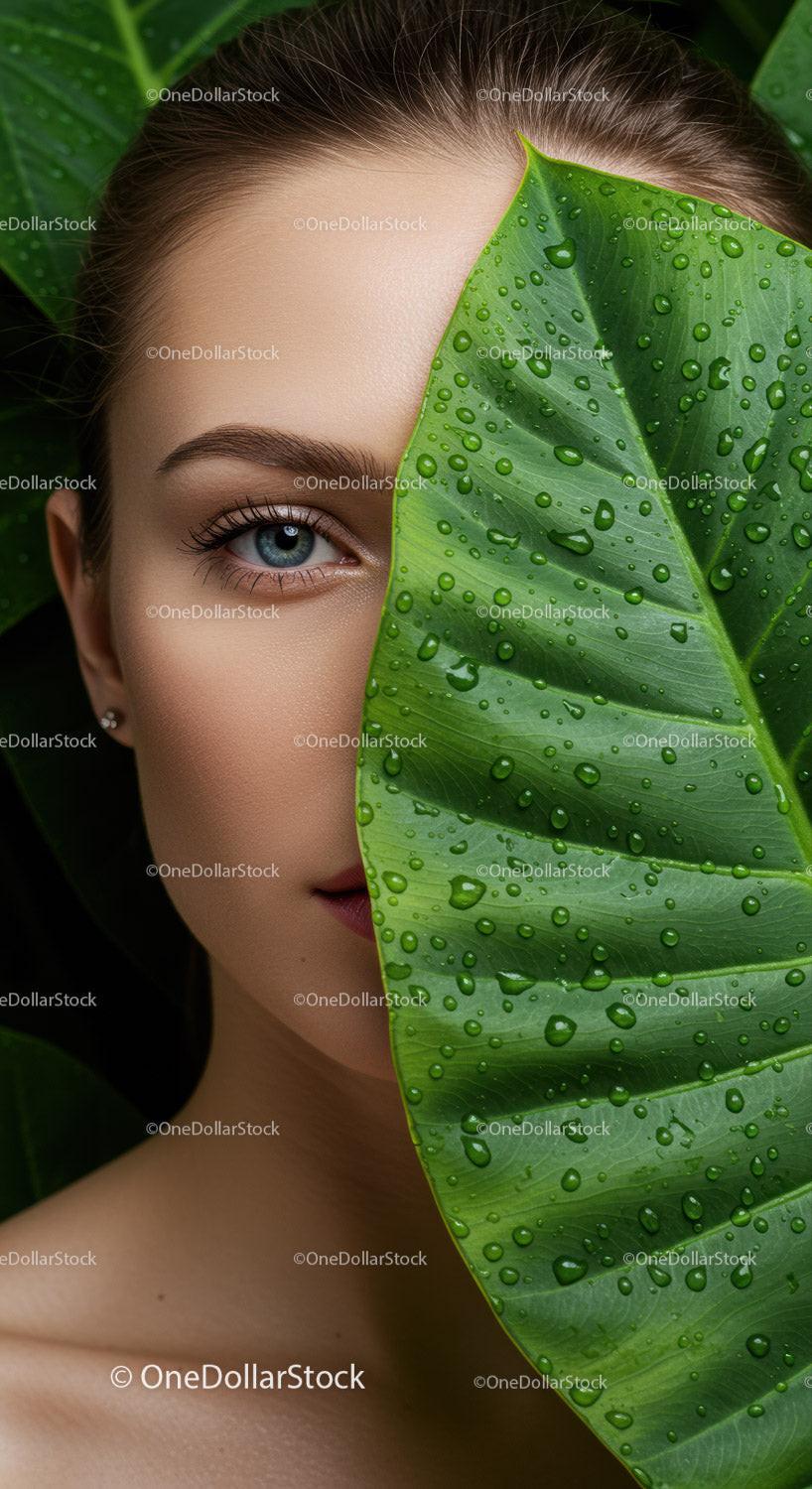 Close-Up of Woman with Blue Eye and Tropical Leaf with Water Droplets