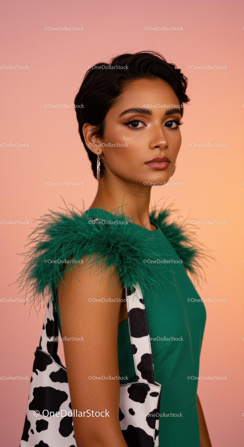 Elegant Woman in Green Dress with Feathered Details and Cow Print Tote