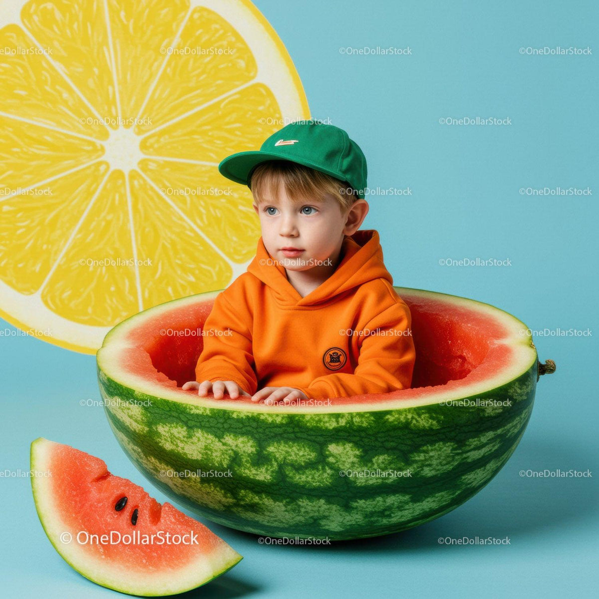 Young boy sitting inside a hollow watermelon with bright backdrop