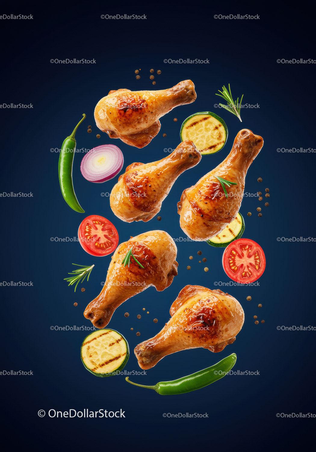 Grilled chicken drumsticks with fresh vegetables and herbs