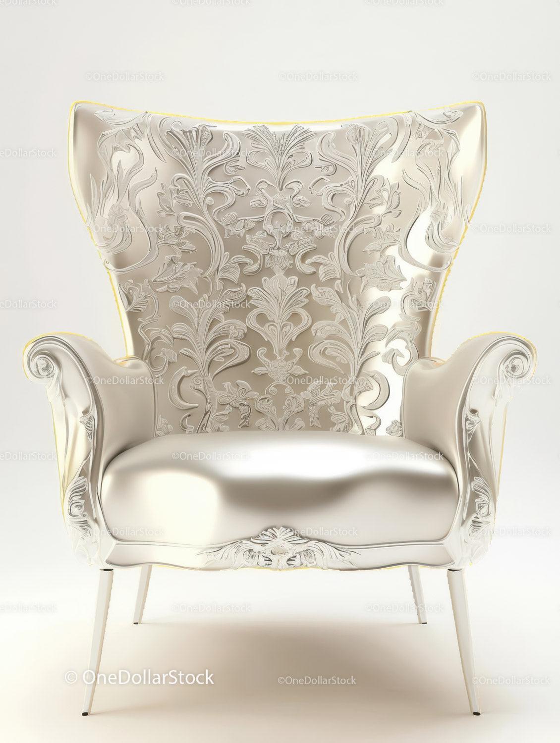 Elegant White Velvet Armchair with Ornate Floral Embroidery