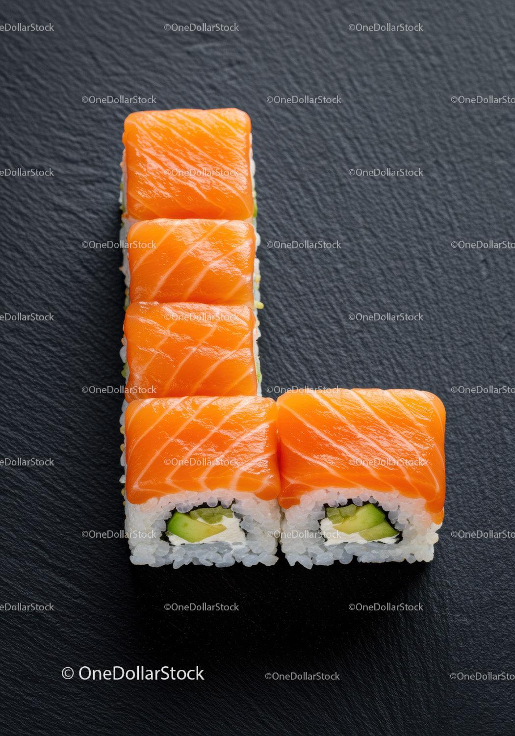 Fresh Salmon Sushi Rolls Arranged on Black Plate