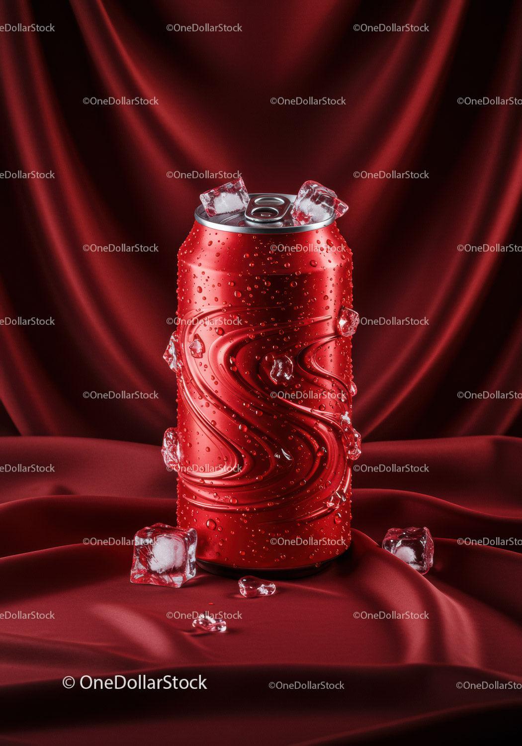 Chilled red soda can with ice cubes on satin fabric