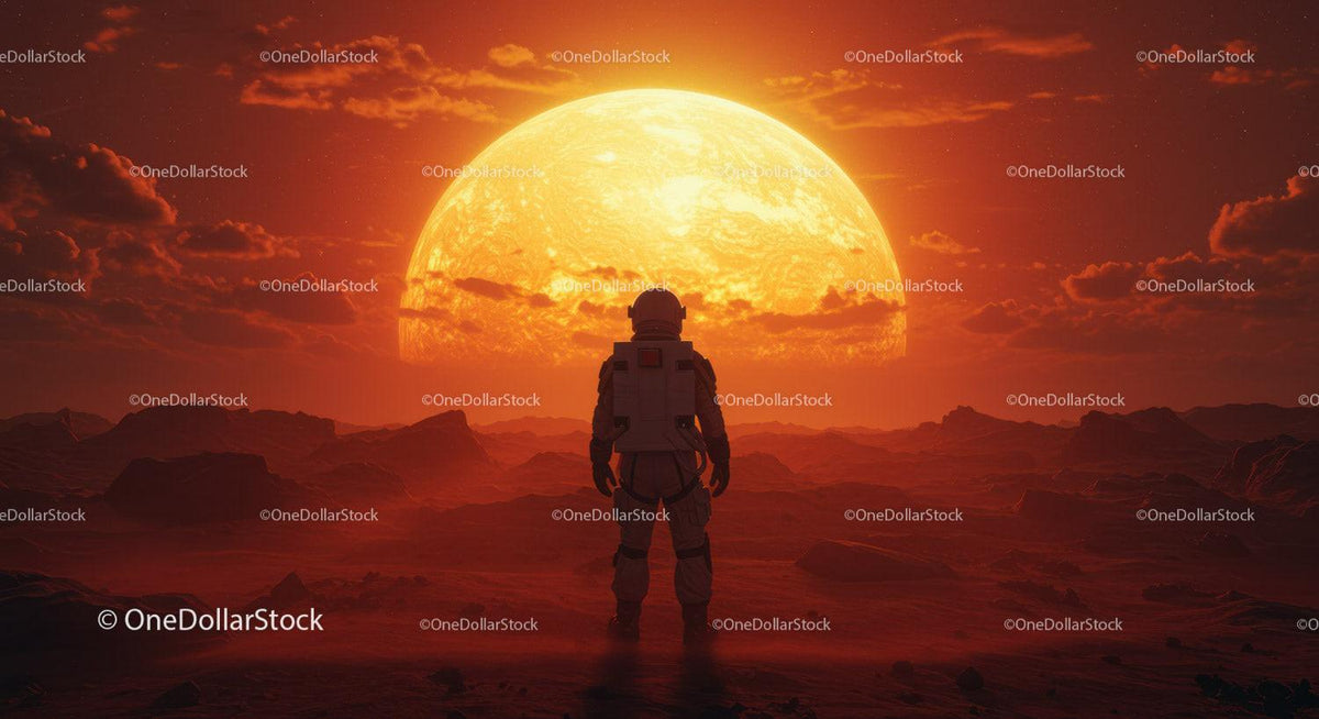 Astronaut Standing on Alien Planet with Large Sun Setting Behind Stock Photo Bundle preview 35