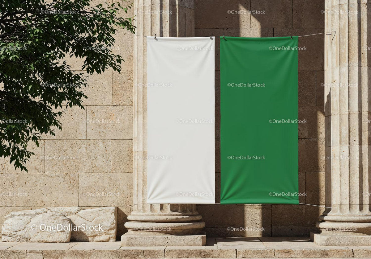 Two Vertical Flags Hanging Between Ancient Stone Columns JPG Mockup Image preview