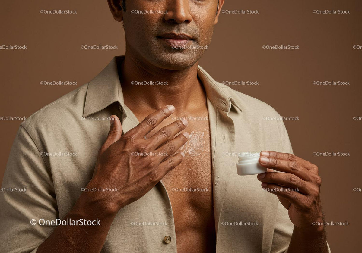 Close-Up of Man Applying Moisturizer to Chest for Skin Care