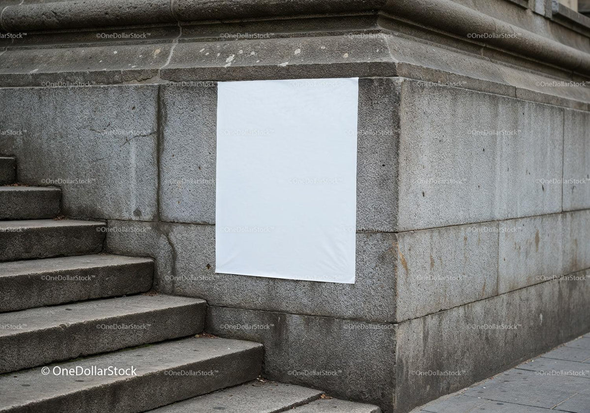 Blank white poster on urban stone wall near stairs JPG Mockup Image preview