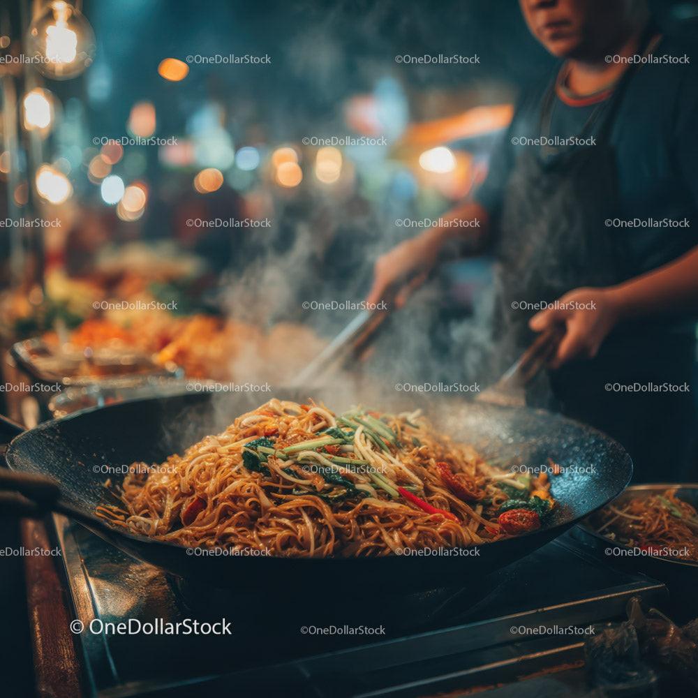 Street food vendor cooking stir-fry noodles at night market Stock Photo Bundle preview 14