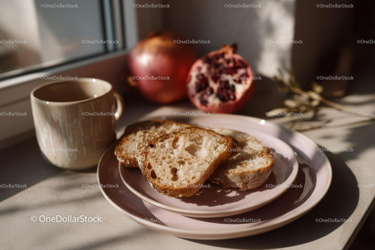 Fresh Bread with Coffee Mug and Pomegranate in Cozy Morning Setting