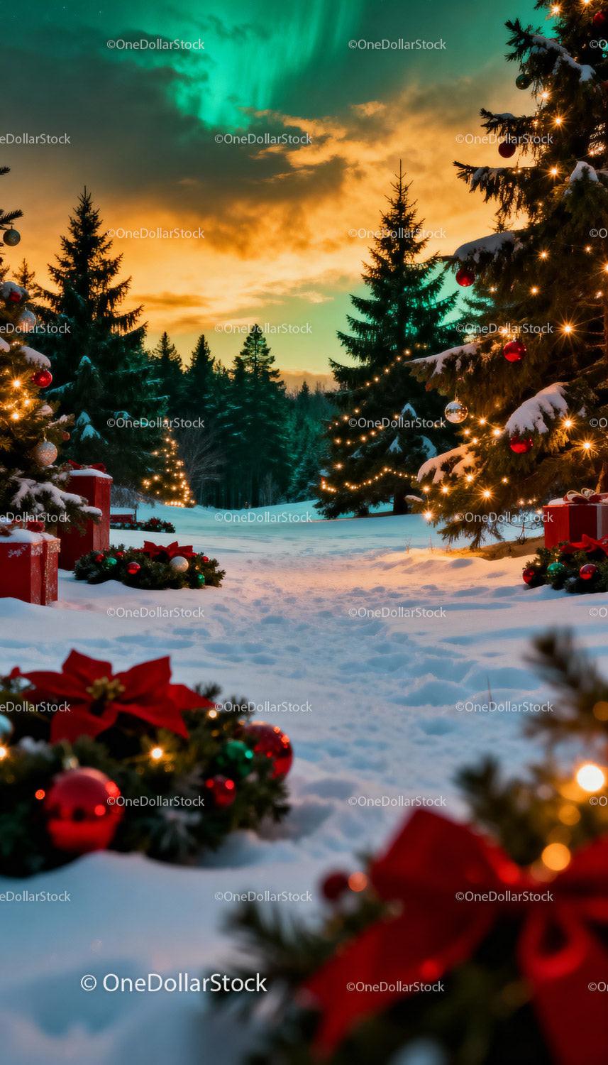 Snowy Christmas Pathway with Festive Lights and Decorations