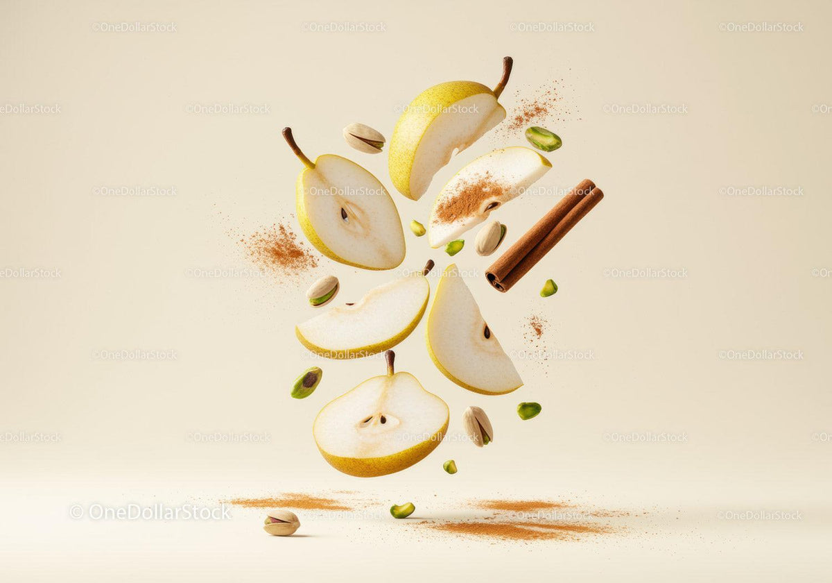 Fresh Pear Slices with Cinnamon and Pistachios Floating
