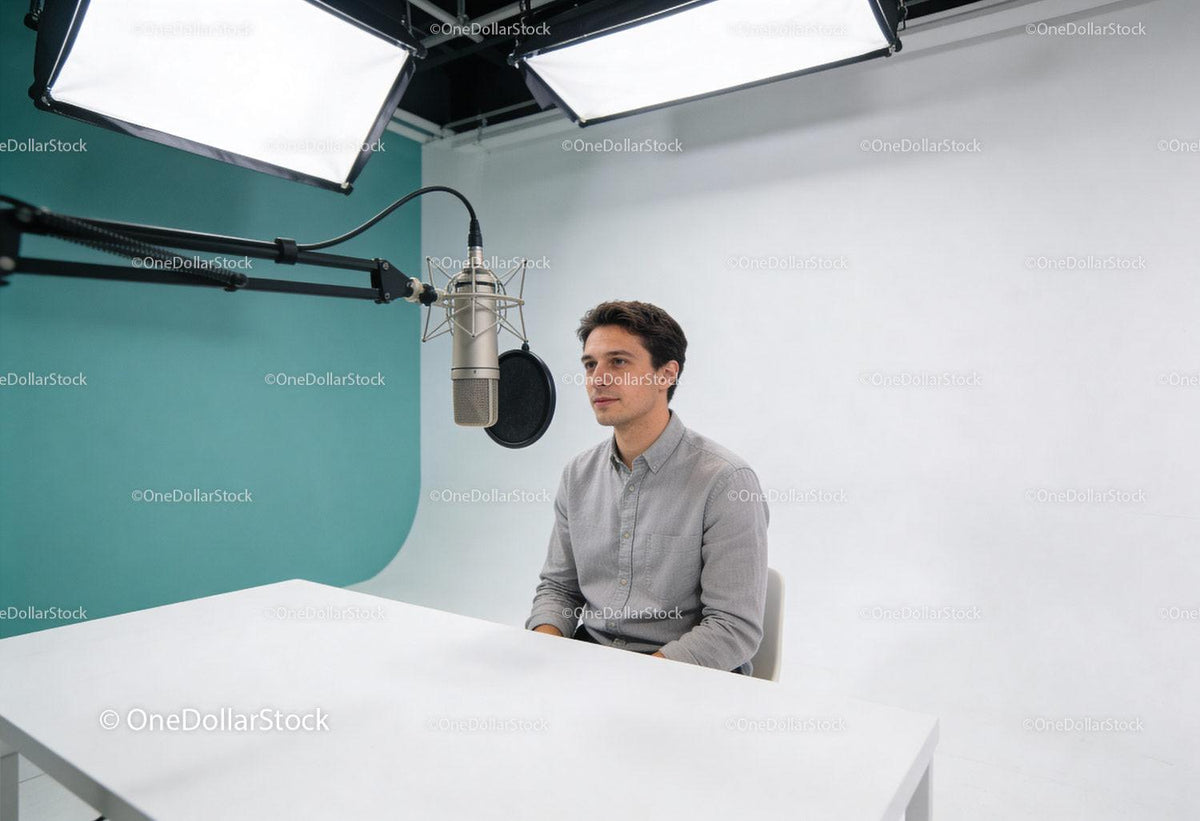 Man recording podcast in modern professional studio