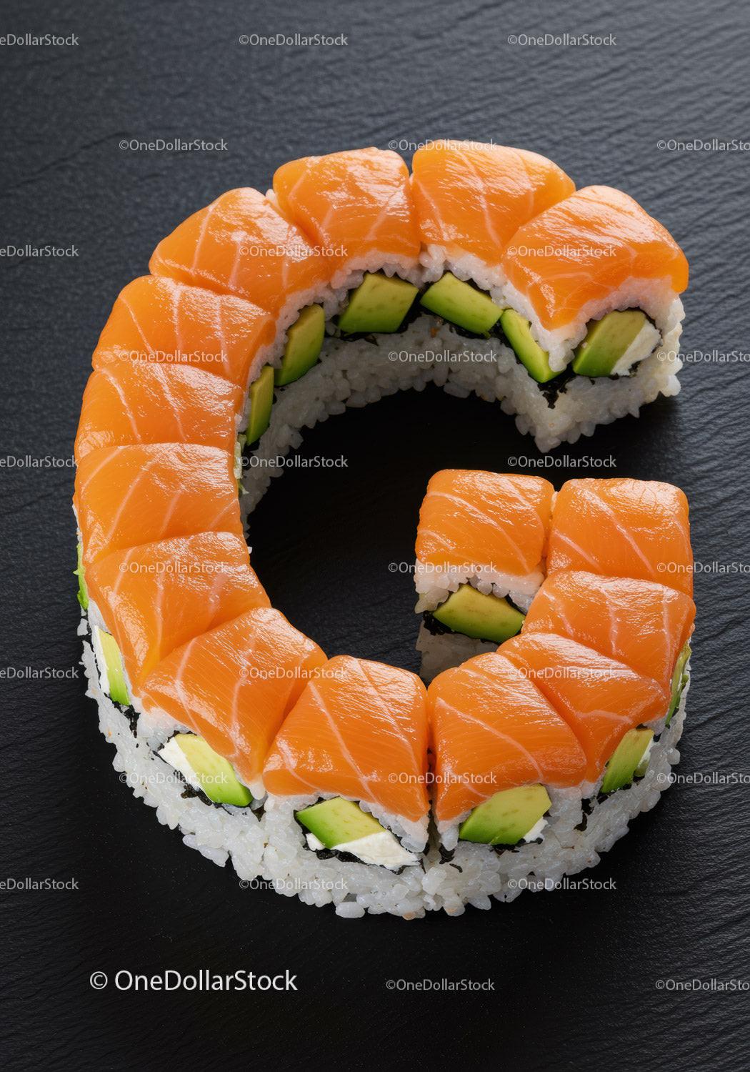 Fresh salmon avocado sushi roll on slate plate