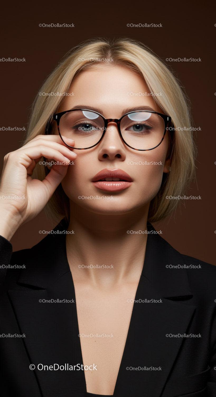 Fashionable Blonde Woman Wearing Glasses in Elegant Studio Portrait