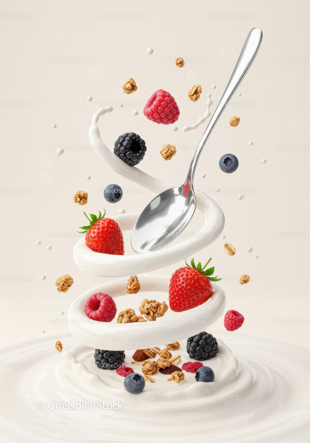 Fresh mixed berries and granola swirling in creamy yogurt